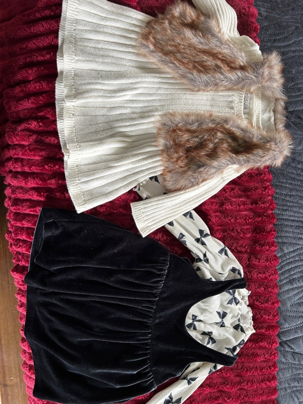 Cream Knit Sweater with Faux Fur Vest Detail - Cream & Brown